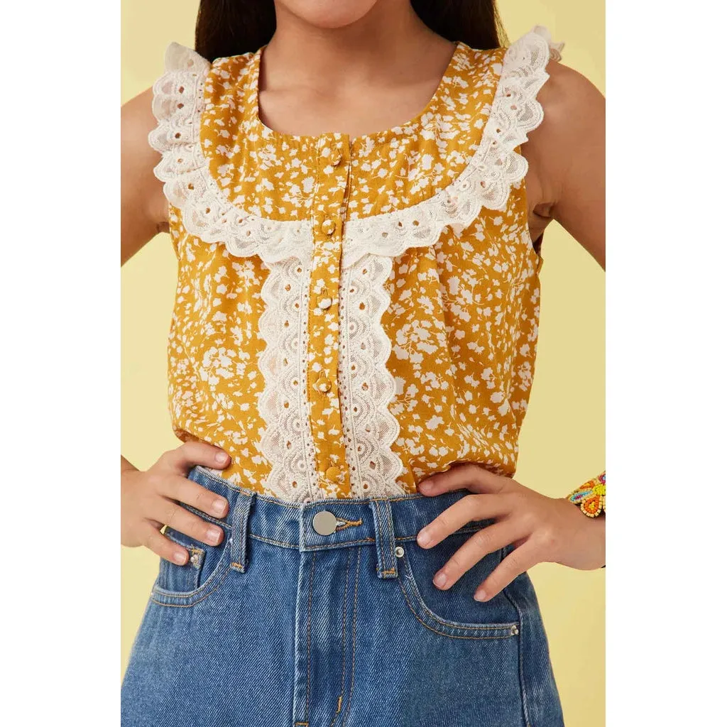 Hayden Girls Lace Detailed Ditsy Print Buttoned Tank