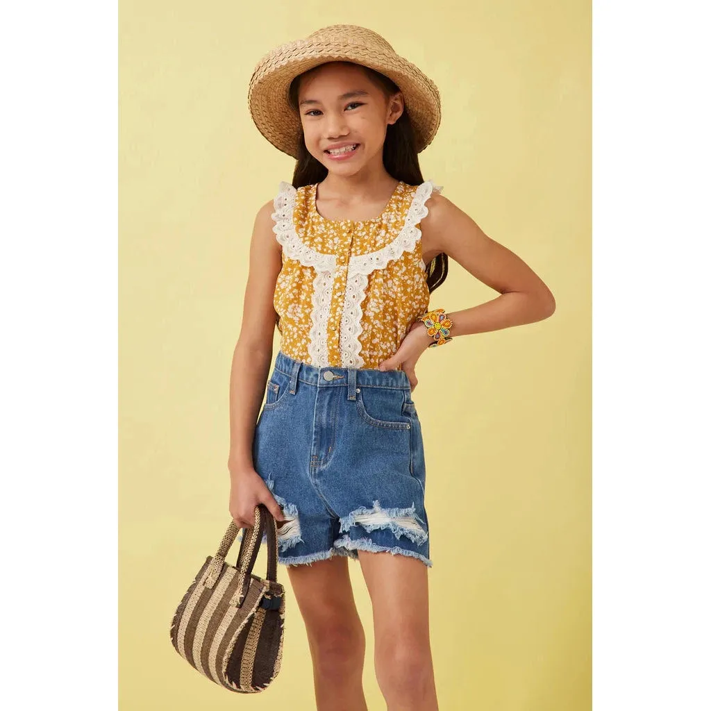 Hayden Girls Lace Detailed Ditsy Print Buttoned Tank