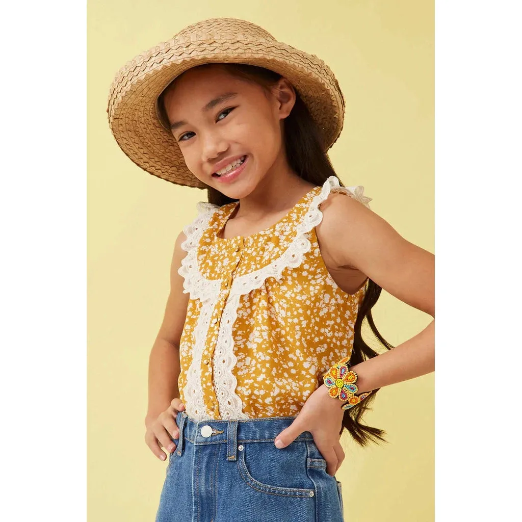 Hayden Girls Lace Detailed Ditsy Print Buttoned Tank