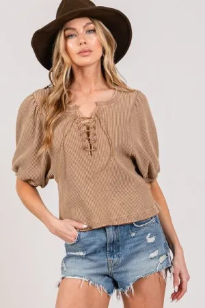 Hazel Blues® |  SAGE FIG Lace-Up Waffle Knit Crop Top