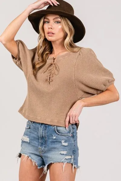 Hazel Blues® |  SAGE FIG Lace-Up Waffle Knit Crop Top