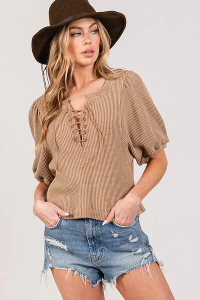 Hazel Blues® |  SAGE FIG Lace-Up Waffle Knit Crop Top