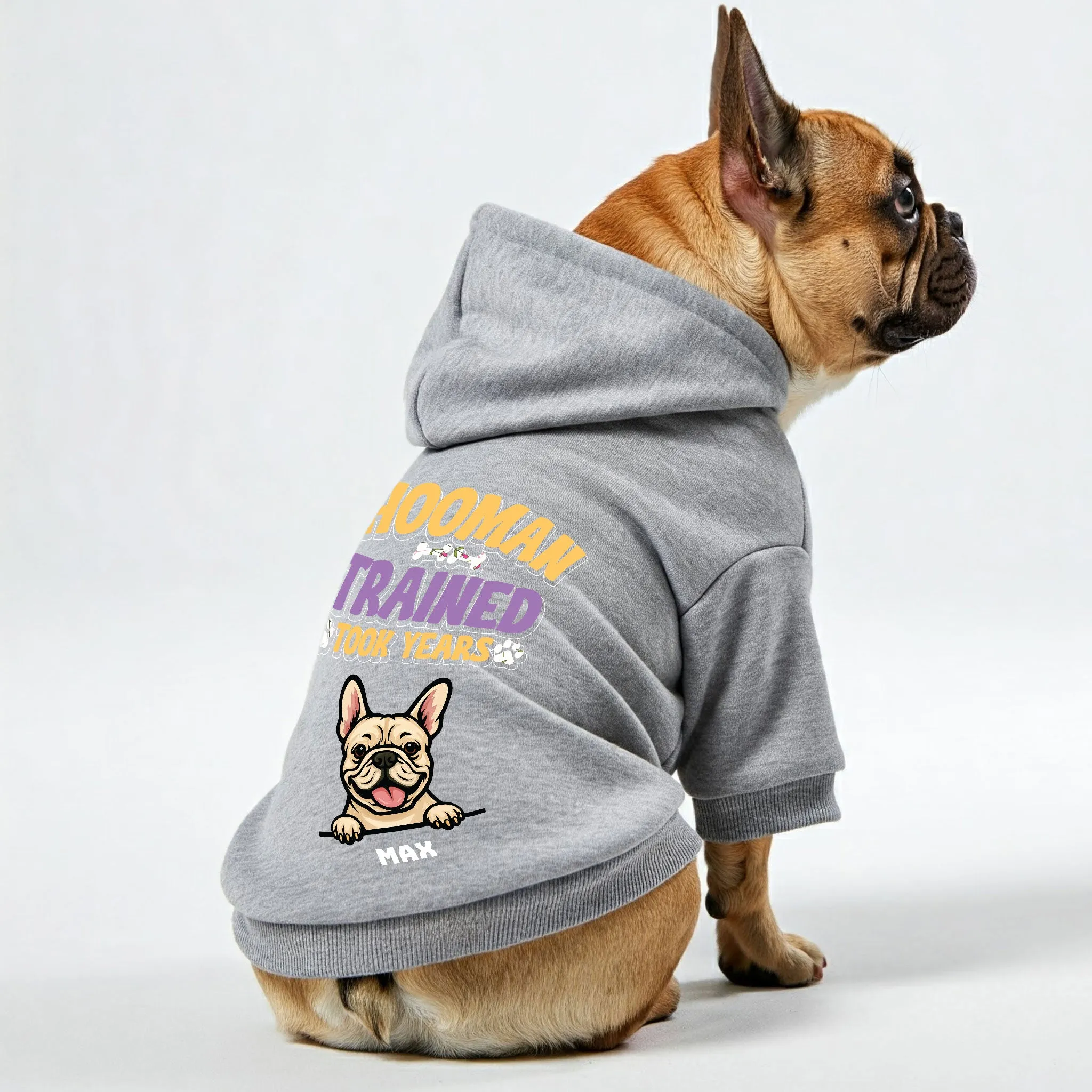 Hooman Trained - Personalized French Bulldog hoodies with funny quotes, custom name, and custom clipart matching your Frenchie's color – Stylish, Cozy, and Premium 100% Cotton