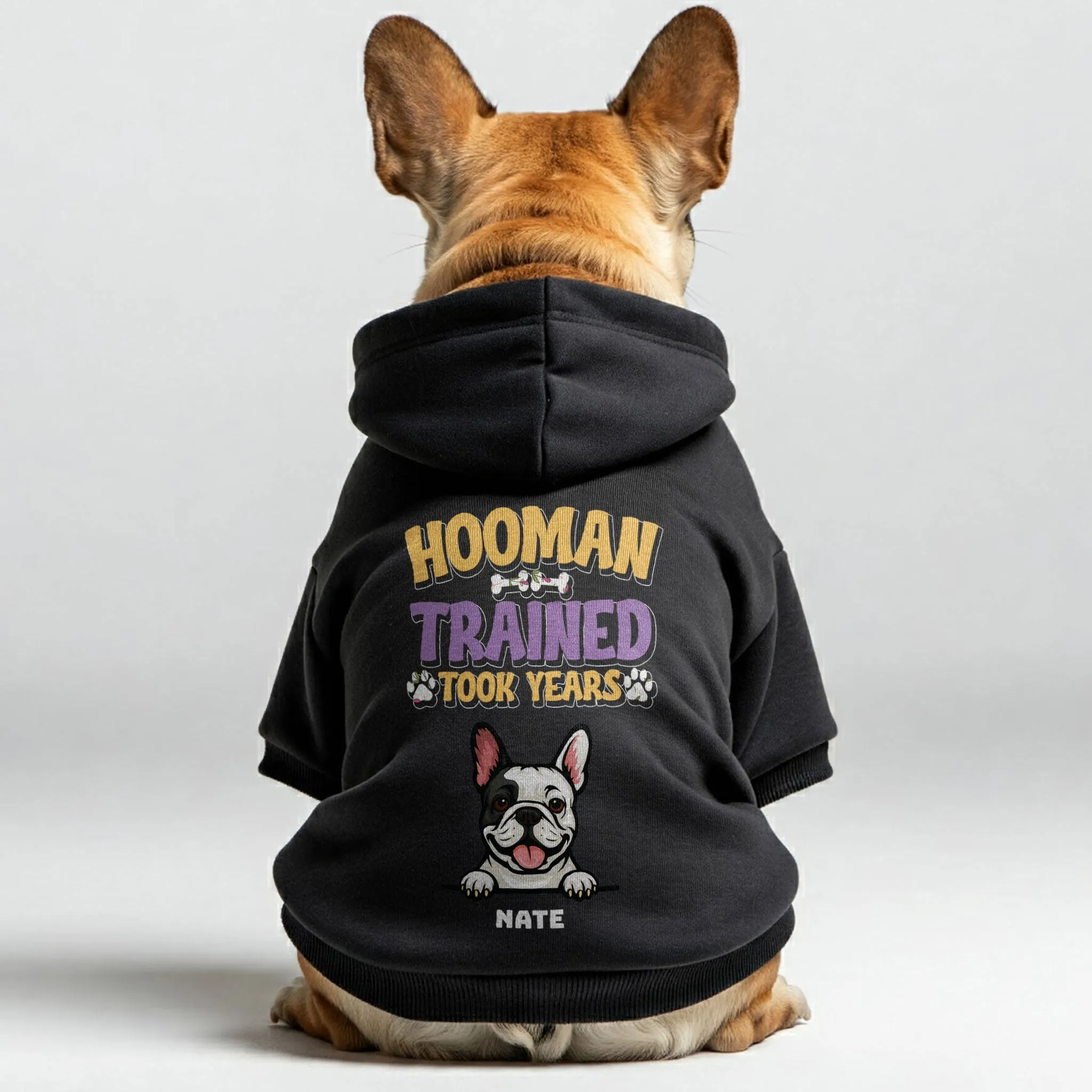 Hooman Trained - Personalized French Bulldog hoodies with funny quotes, custom name, and custom clipart matching your Frenchie's color – Stylish, Cozy, and Premium 100% Cotton