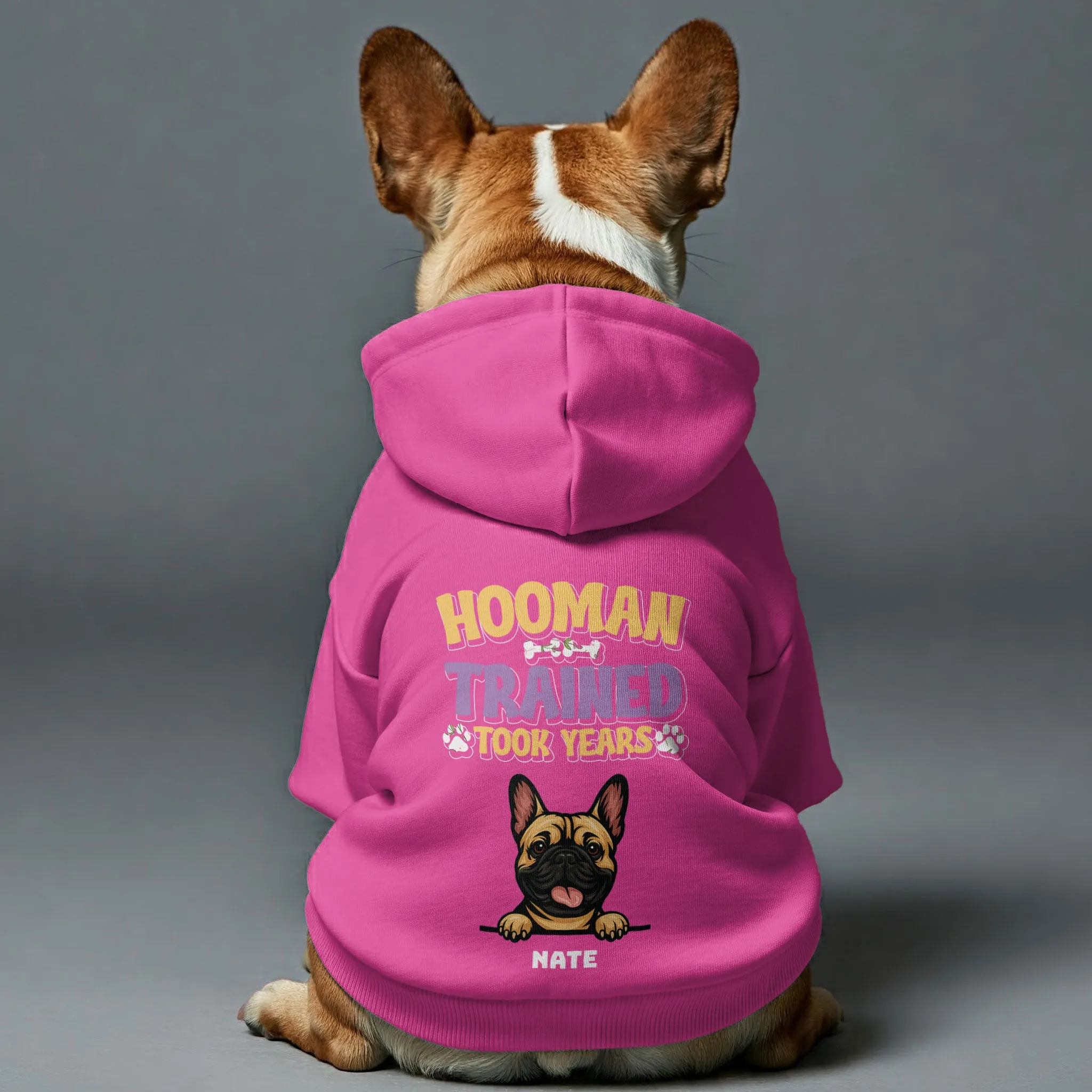 Hooman Trained - Personalized French Bulldog hoodies with funny quotes, custom name, and custom clipart matching your Frenchie's color – Stylish, Cozy, and Premium 100% Cotton