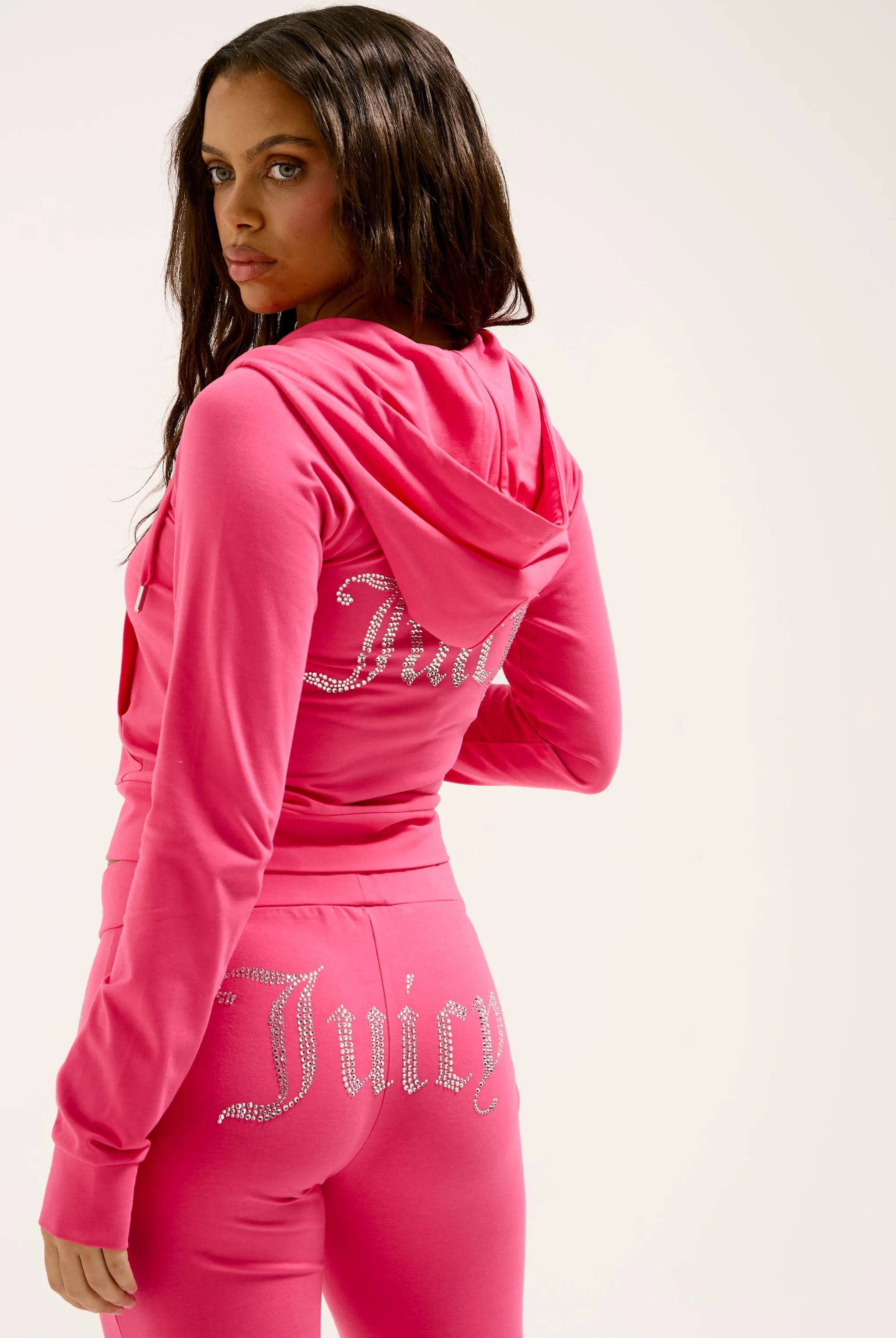 HOT PINK DIAMANTÉ LUXURY JERSEY ZIP-THROUGH HOODIE