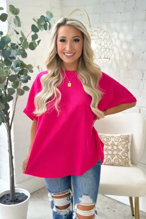 Hot Pink Round Neck Dolman Sweater