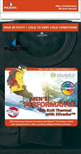 Indera Men's Performance Rib Knit Thermal Underwear Top With Silvadur - Black