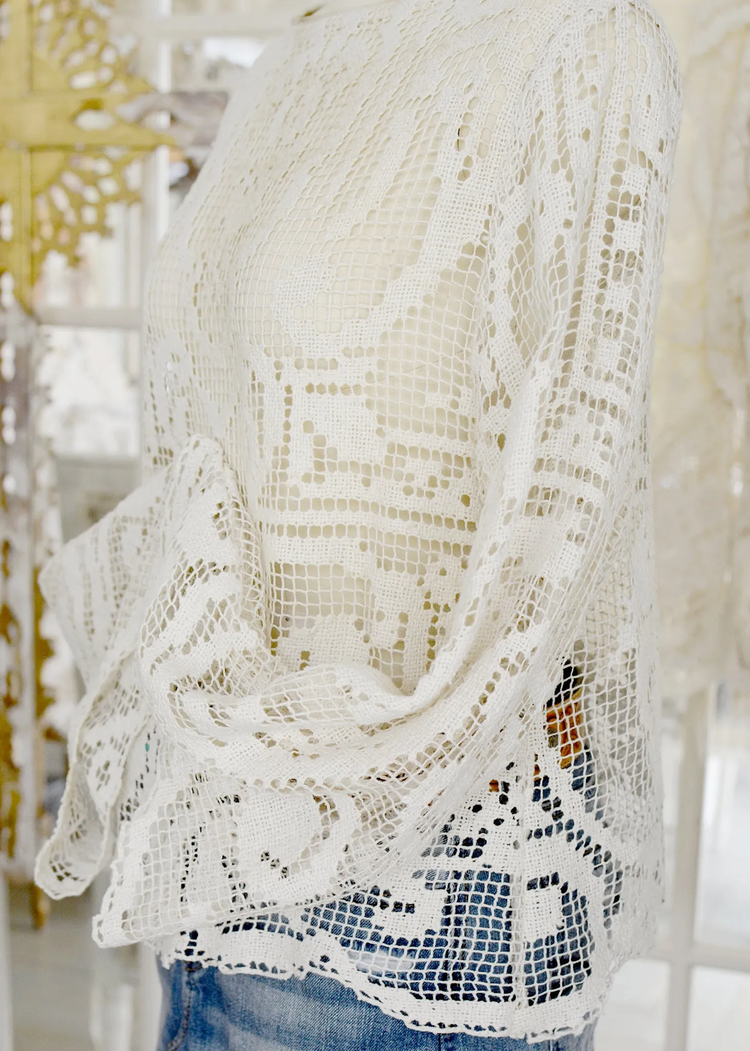 Ingrid Antique Hand Crochet Filet Lace Top