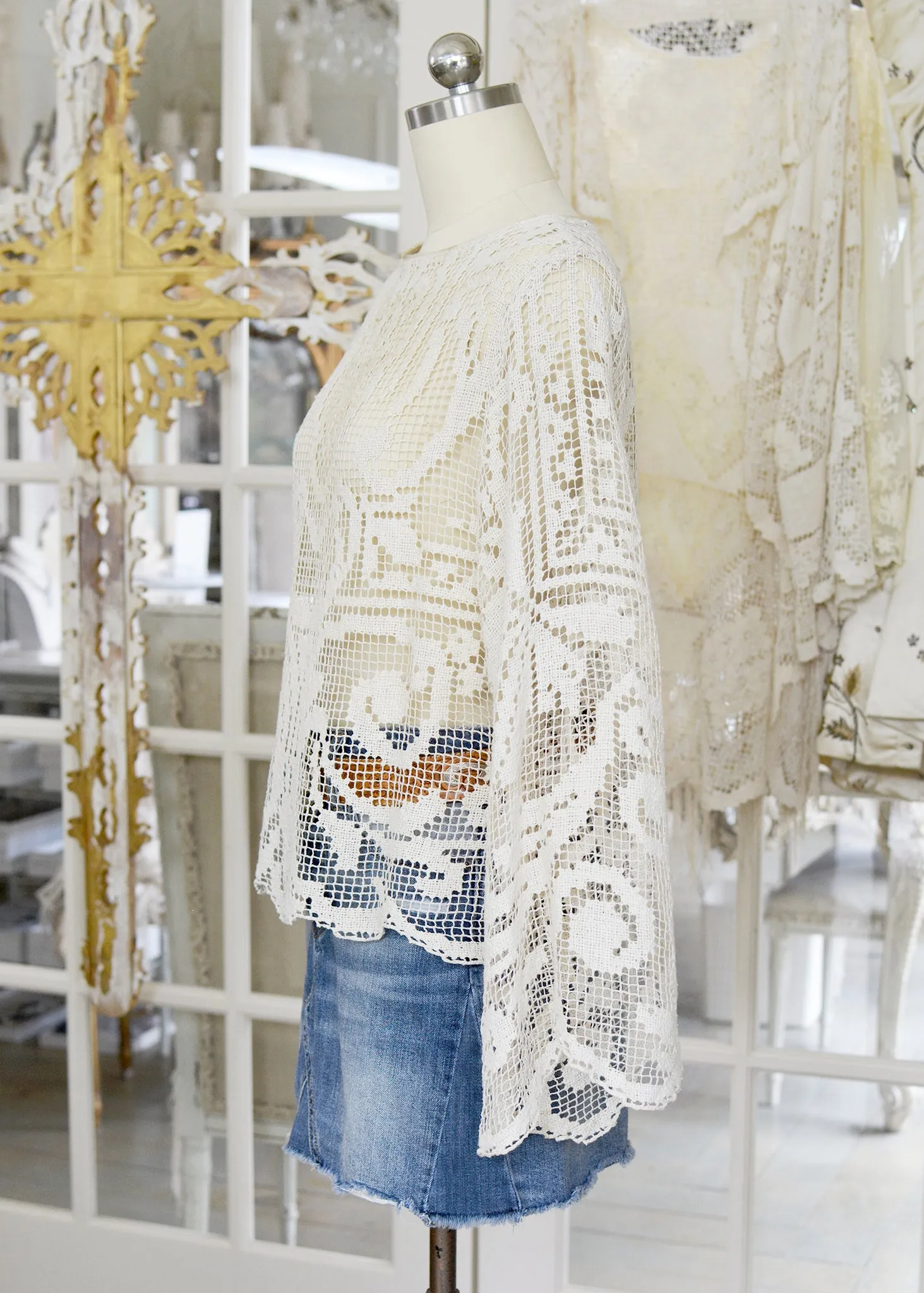 Ingrid Antique Hand Crochet Filet Lace Top