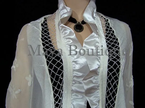 Ivory Shawl Scarf Wrap Silk Beaded Burnout Velvet Triangle Ruffles Maya Matazaro