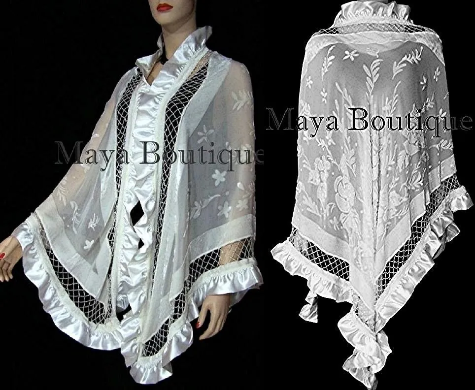 Ivory Shawl Scarf Wrap Silk Beaded Burnout Velvet Triangle Ruffles Maya Matazaro