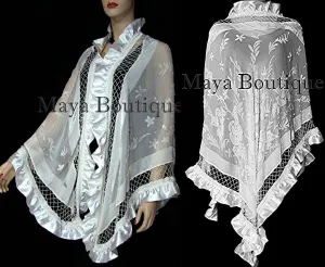 Ivory Shawl Scarf Wrap Silk Beaded Burnout Velvet Triangle Ruffles Maya Matazaro