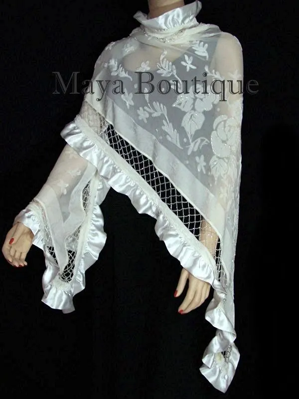 Ivory Shawl Scarf Wrap Silk Beaded Burnout Velvet Triangle Ruffles Maya Matazaro