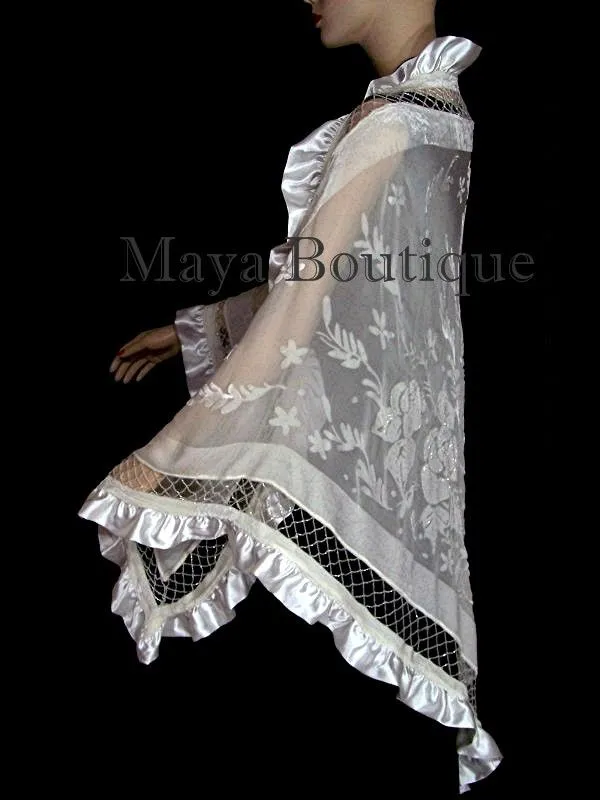 Ivory Shawl Scarf Wrap Silk Beaded Burnout Velvet Triangle Ruffles Maya Matazaro