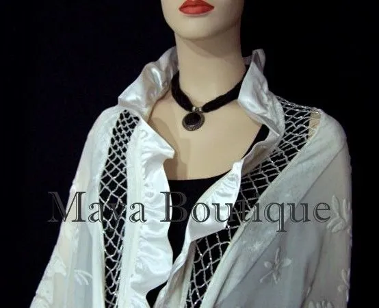 Ivory Shawl Scarf Wrap Silk Beaded Burnout Velvet Triangle Ruffles Maya Matazaro
