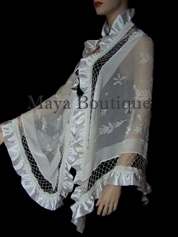 Ivory Shawl Scarf Wrap Silk Beaded Burnout Velvet Triangle Ruffles Maya Matazaro