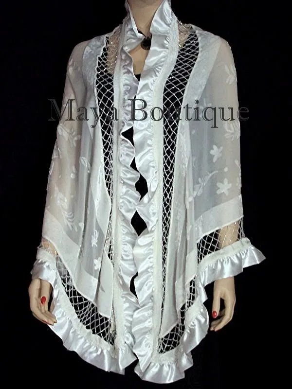 Ivory Shawl Scarf Wrap Silk Beaded Burnout Velvet Triangle Ruffles Maya Matazaro
