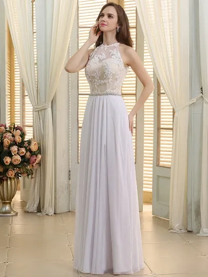 Jewel Neck Lace A-Line Chiffon Beach Wedding Dress
