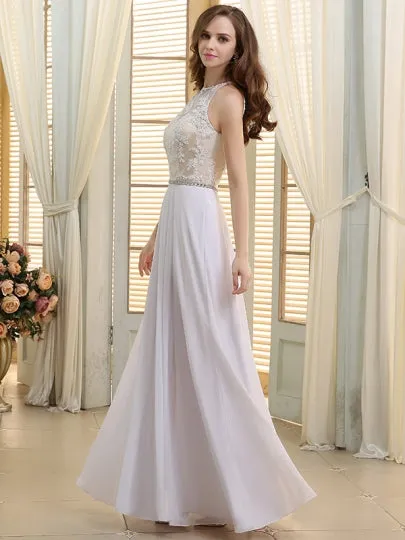 Jewel Neck Lace A-Line Chiffon Beach Wedding Dress