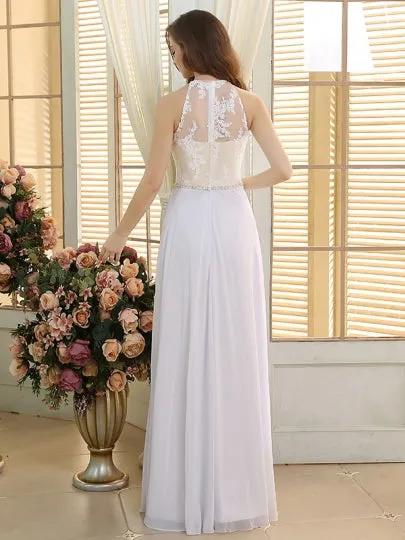 Jewel Neck Lace A-Line Chiffon Beach Wedding Dress
