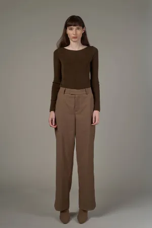 JLW006 Elastic Detail Straight Leg Pants-Khaki Brown