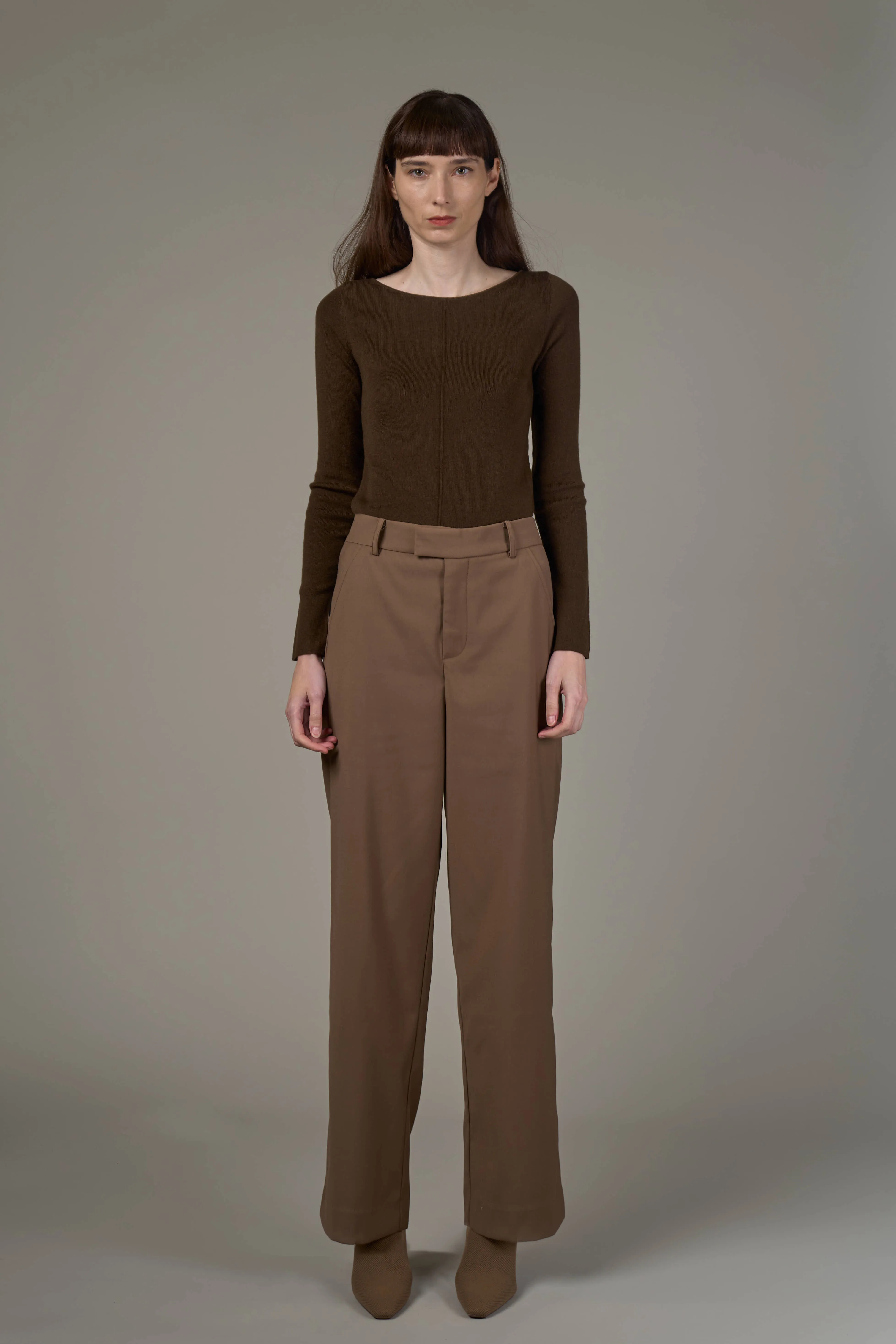 JLW006 Elastic Detail Straight Leg Pants-Khaki Brown