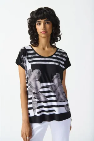 Joseph Ribkoff Black/Vanilla Striped Floral Short Sleeve T-Shirt Top 242180