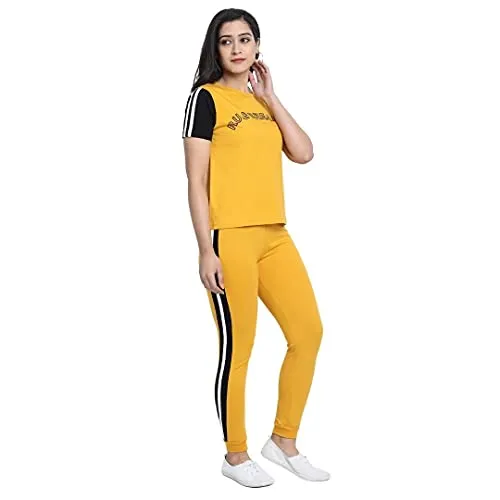 JUNEBERRY Cotton Half Sleeve & Track Pants Co-Ords Track Suit Set for Women and Girls (CO_01_YLW_Rule_S_Yellow_Small)