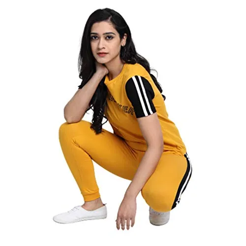 JUNEBERRY Cotton Half Sleeve & Track Pants Co-Ords Track Suit Set for Women and Girls (CO_01_YLW_Rule_S_Yellow_Small)