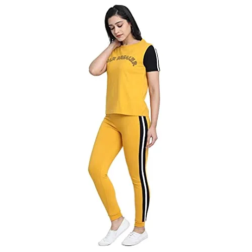JUNEBERRY Cotton Half Sleeve & Track Pants Co-Ords Track Suit Set for Women and Girls (CO_01_YLW_Rule_S_Yellow_Small)