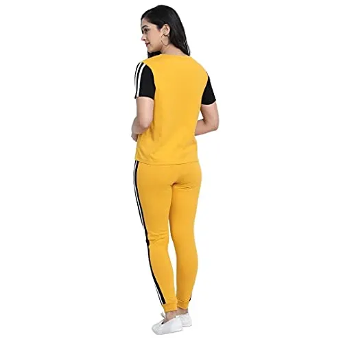 JUNEBERRY Cotton Half Sleeve & Track Pants Co-Ords Track Suit Set for Women and Girls (CO_01_YLW_Rule_S_Yellow_Small)