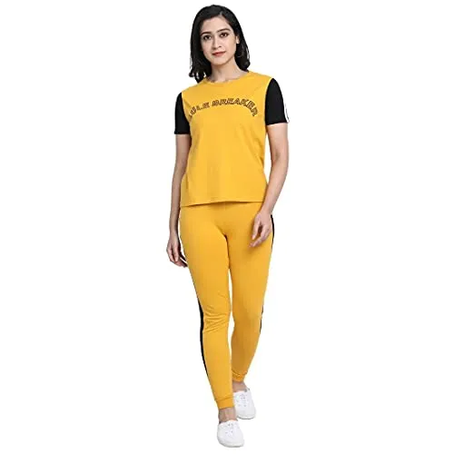 JUNEBERRY Cotton Half Sleeve & Track Pants Co-Ords Track Suit Set for Women and Girls (CO_01_YLW_Rule_S_Yellow_Small)