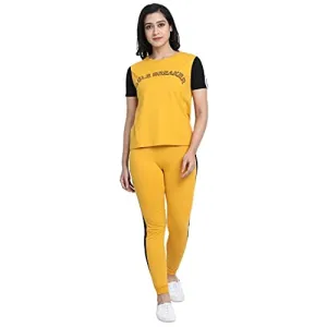 JUNEBERRY Cotton Half Sleeve & Track Pants Co-Ords Track Suit Set for Women and Girls (CO_01_YLW_Rule_S_Yellow_Small)