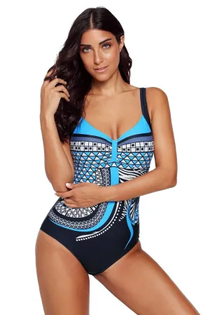 KaleaBoutique Light Blue Tribal Bohemian Print Sweetheart Neck One Piece Beach Wear Swimsuit