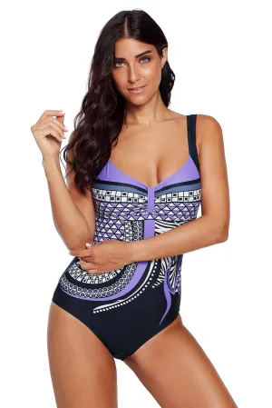 KaleaBoutique Purple Tribal Bohemian Print Sweetheart Neck One Piece Beach Wear Swimsuit