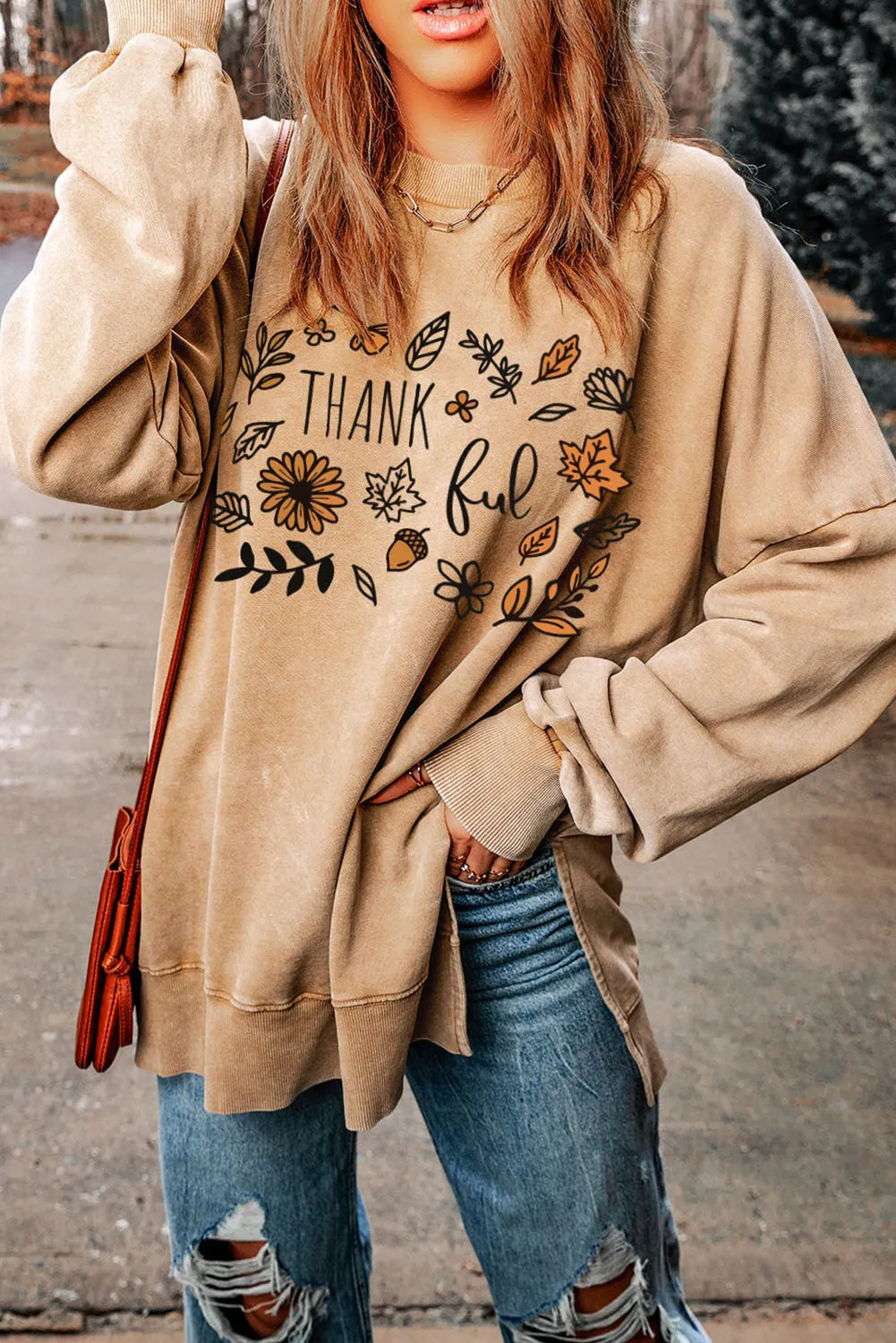 Khaki Thankful Fall Leafy Graphic Split Sweatshirt