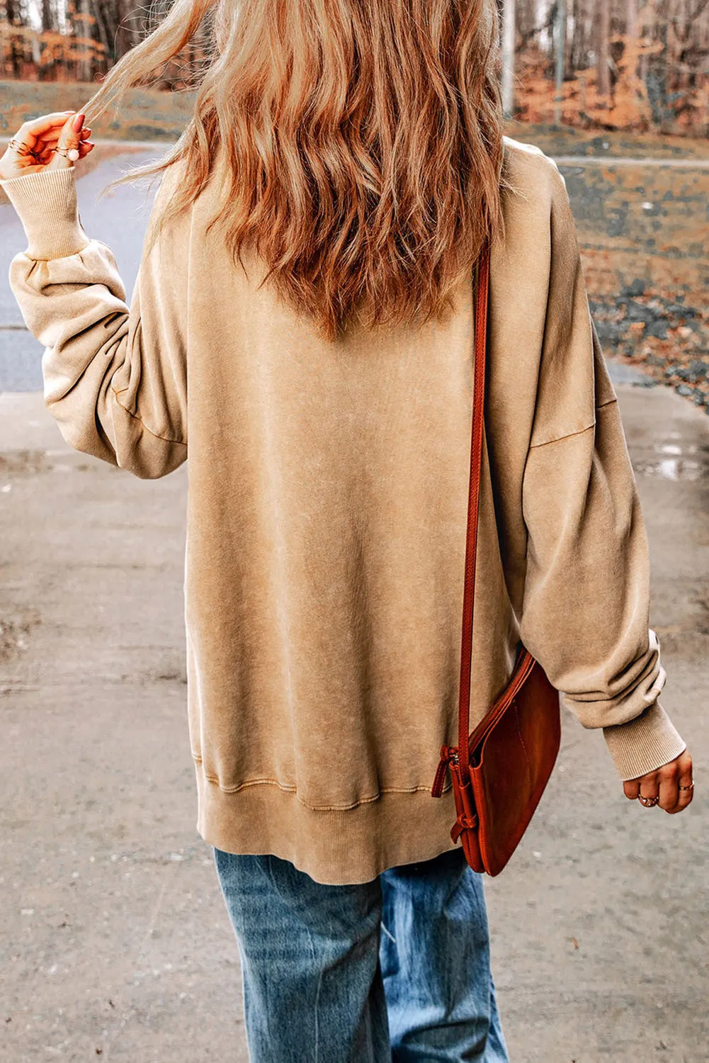 Khaki Thankful Fall Leafy Graphic Split Sweatshirt