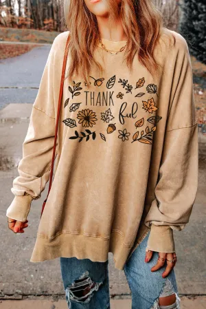 Khaki Thankful Fall Leafy Graphic Split Sweatshirt