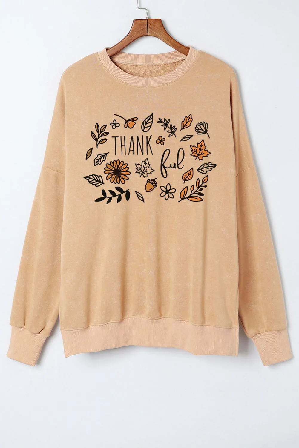Khaki Thankful Fall Leafy Graphic Split Sweatshirt