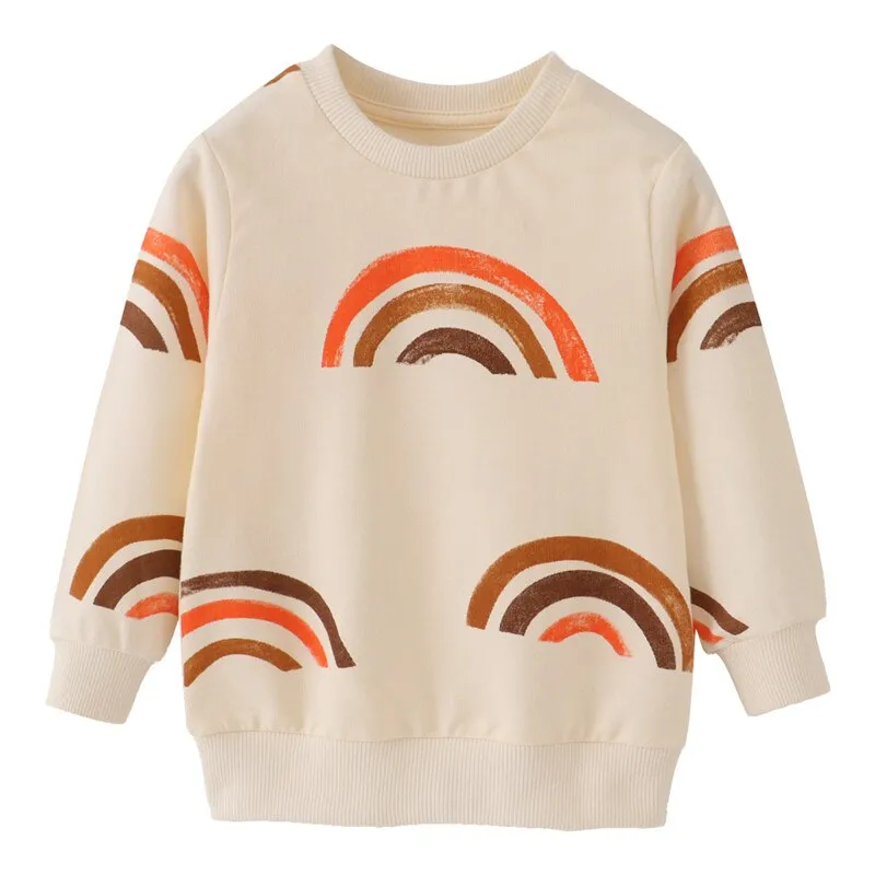 Kids Rainbow & Stars Print Drawstring Cotton Sweatshirts - Ivory, Dark Grey