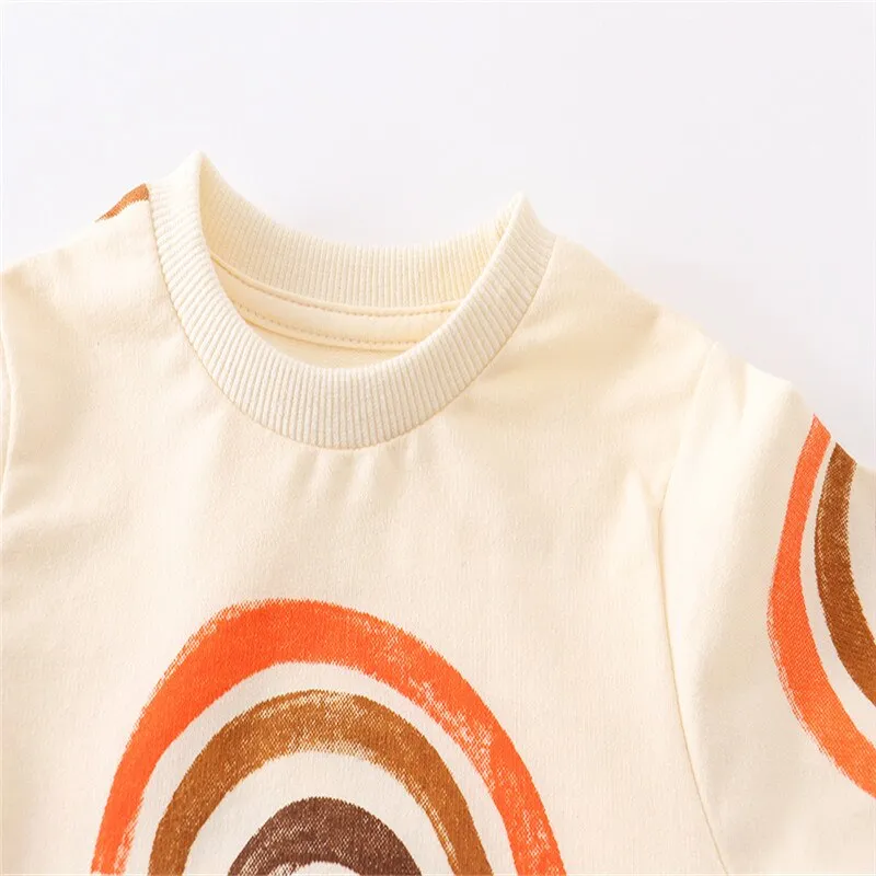 Kids Rainbow & Stars Print Drawstring Cotton Sweatshirts - Ivory, Dark Grey