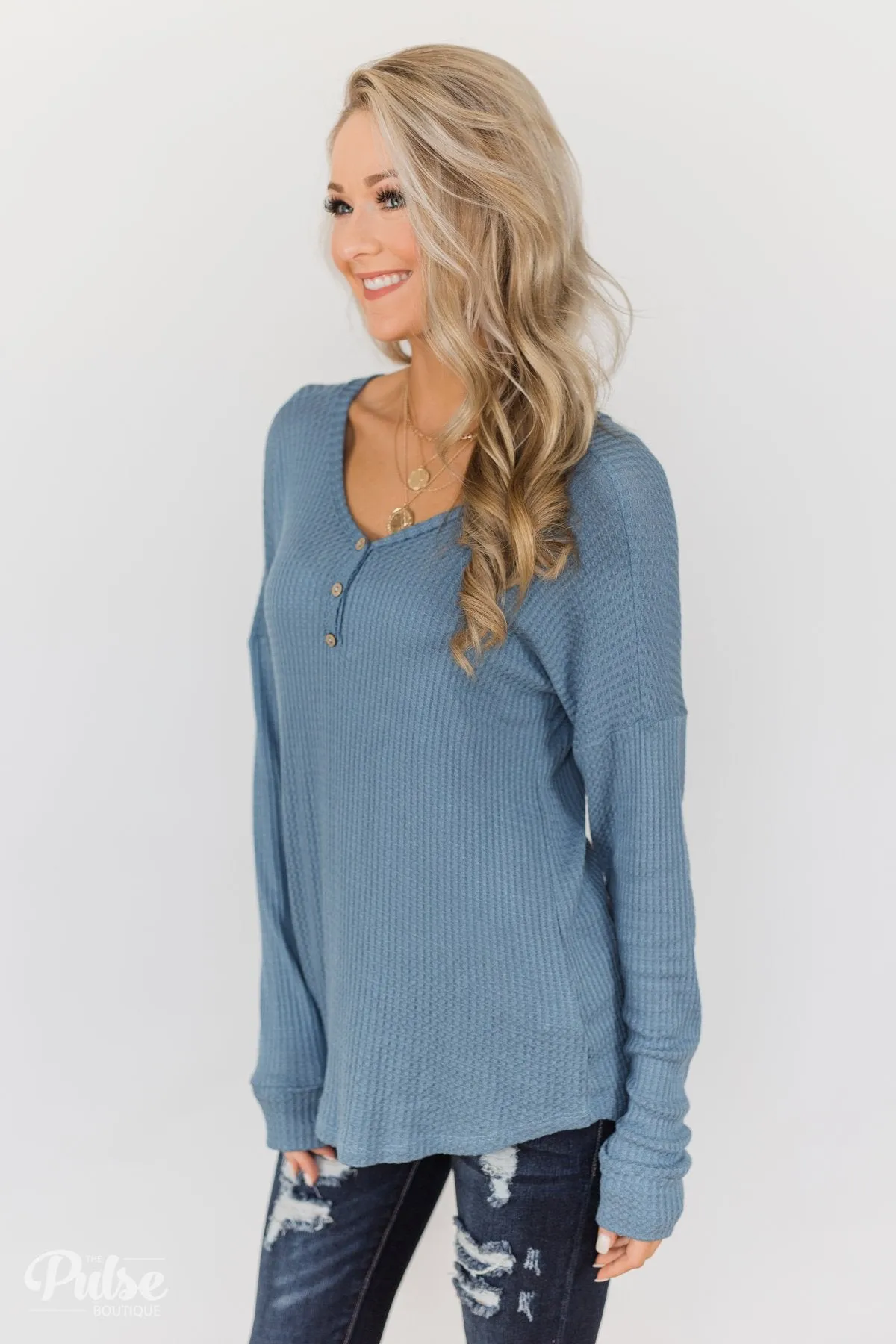 Knowing You V-Neck Thermal Top- Slate Blue