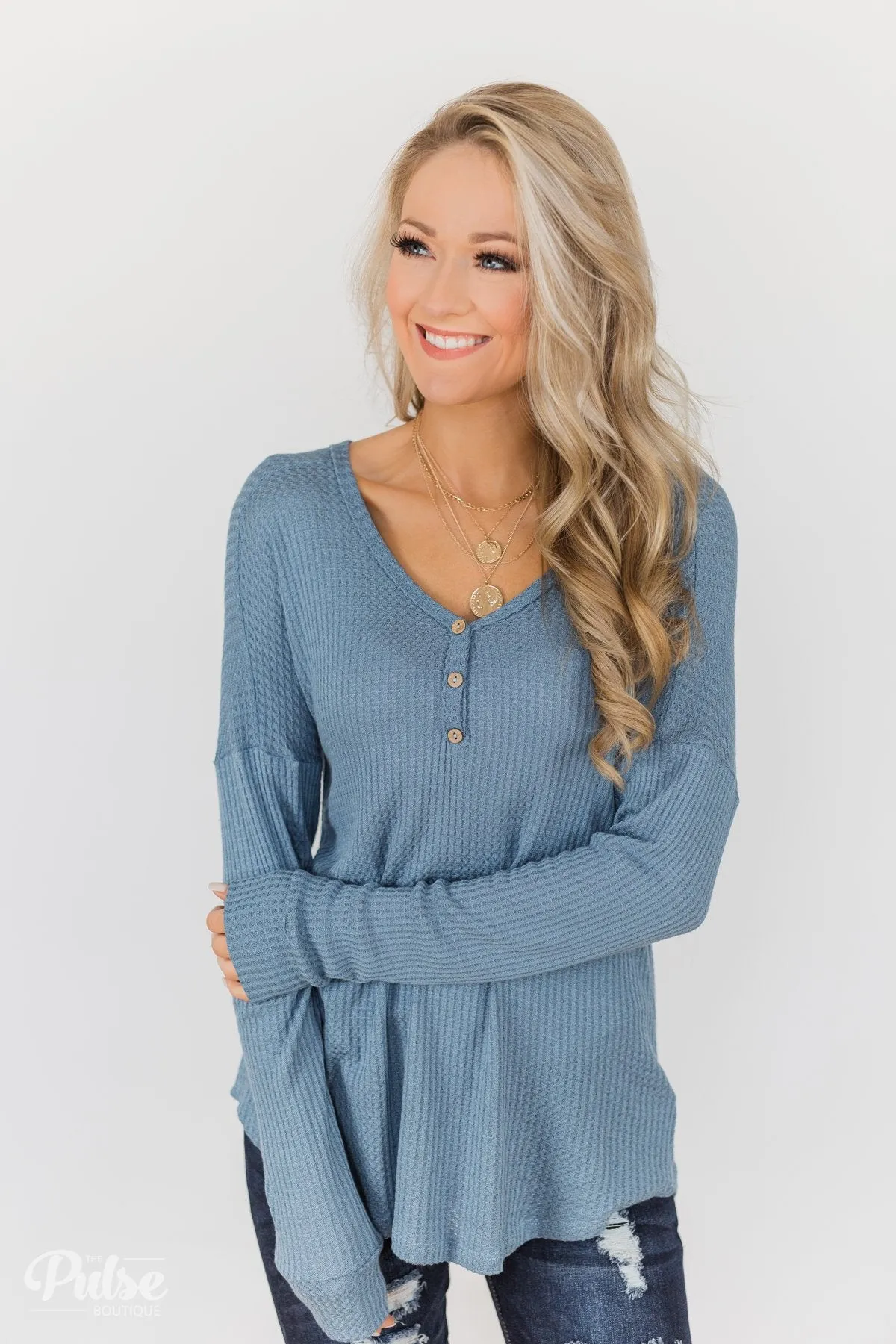 Knowing You V-Neck Thermal Top- Slate Blue