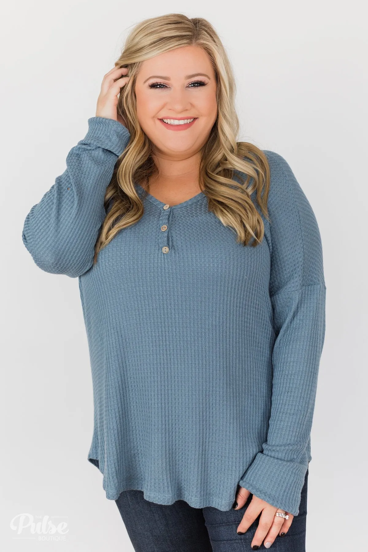 Knowing You V-Neck Thermal Top- Slate Blue