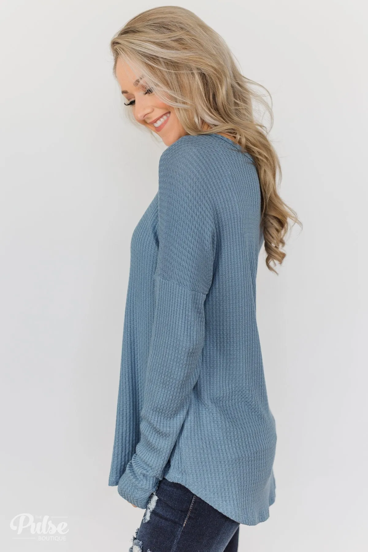 Knowing You V-Neck Thermal Top- Slate Blue