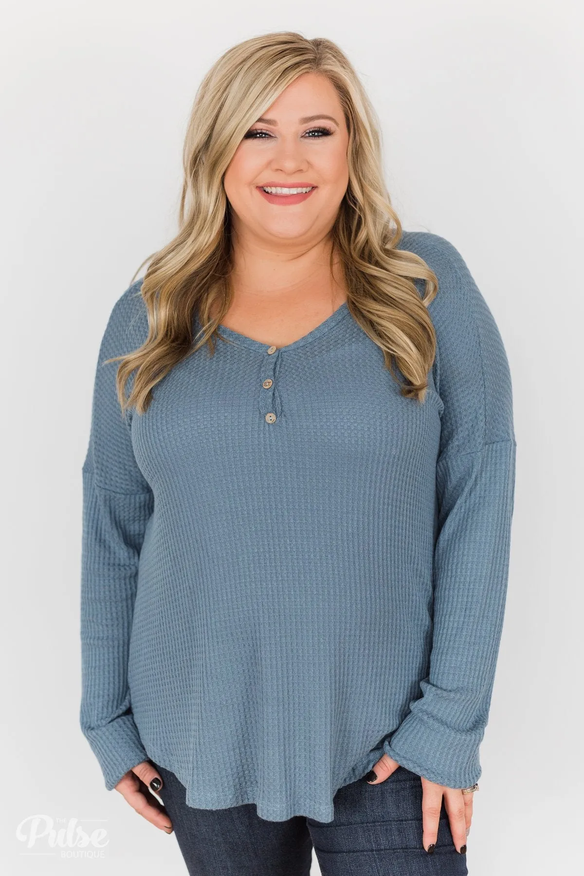 Knowing You V-Neck Thermal Top- Slate Blue