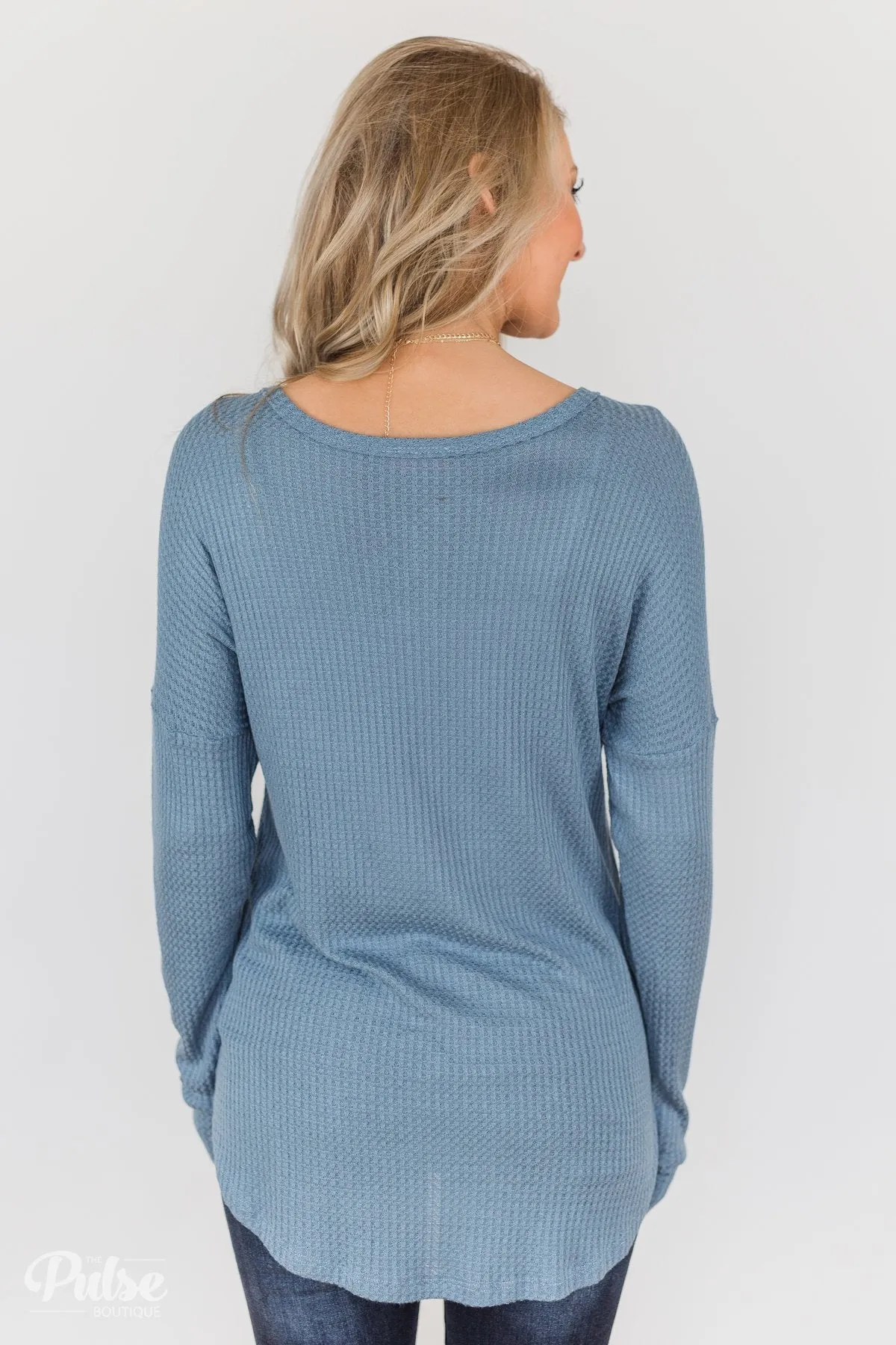 Knowing You V-Neck Thermal Top- Slate Blue