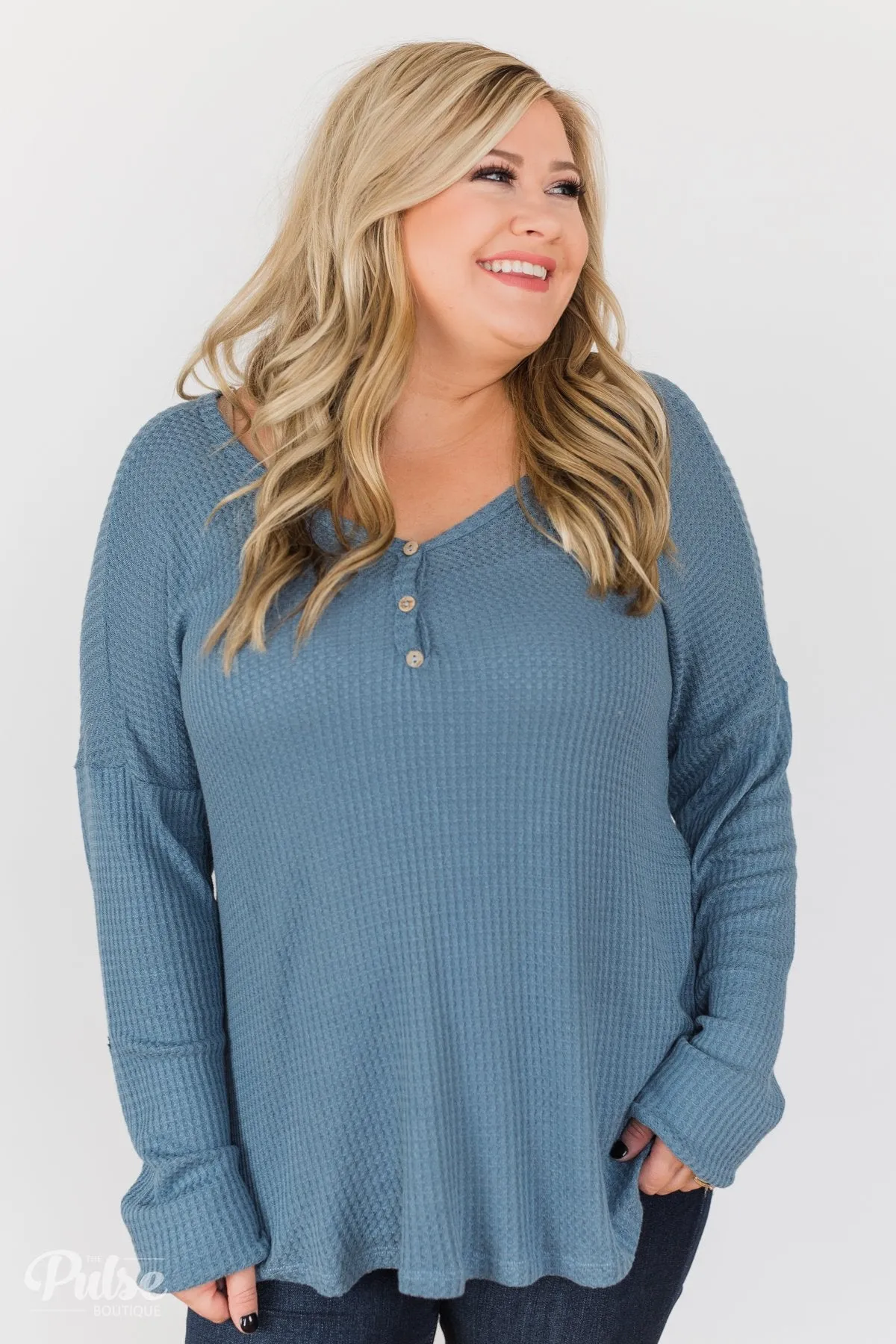 Knowing You V-Neck Thermal Top- Slate Blue