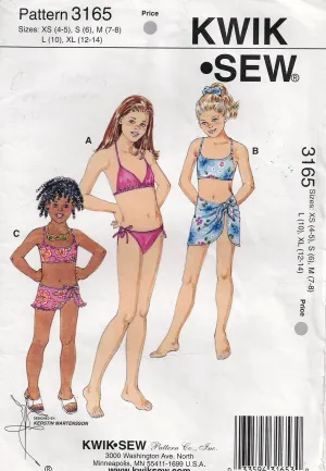 Kwik Sew 3165 Girls Stretch Bikini Swimsuits & Wrap Skirt Out Of Print Sewing Pattern Size 4 - 14 UNCUT Factory Folded